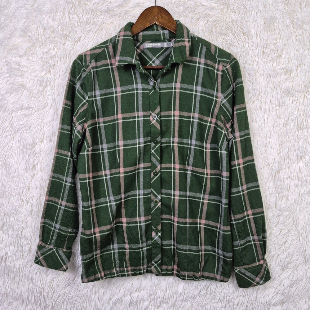 Icebreaker Merino Wool Plaid Button Down Shirt Green Pink Women Large L Long Slv